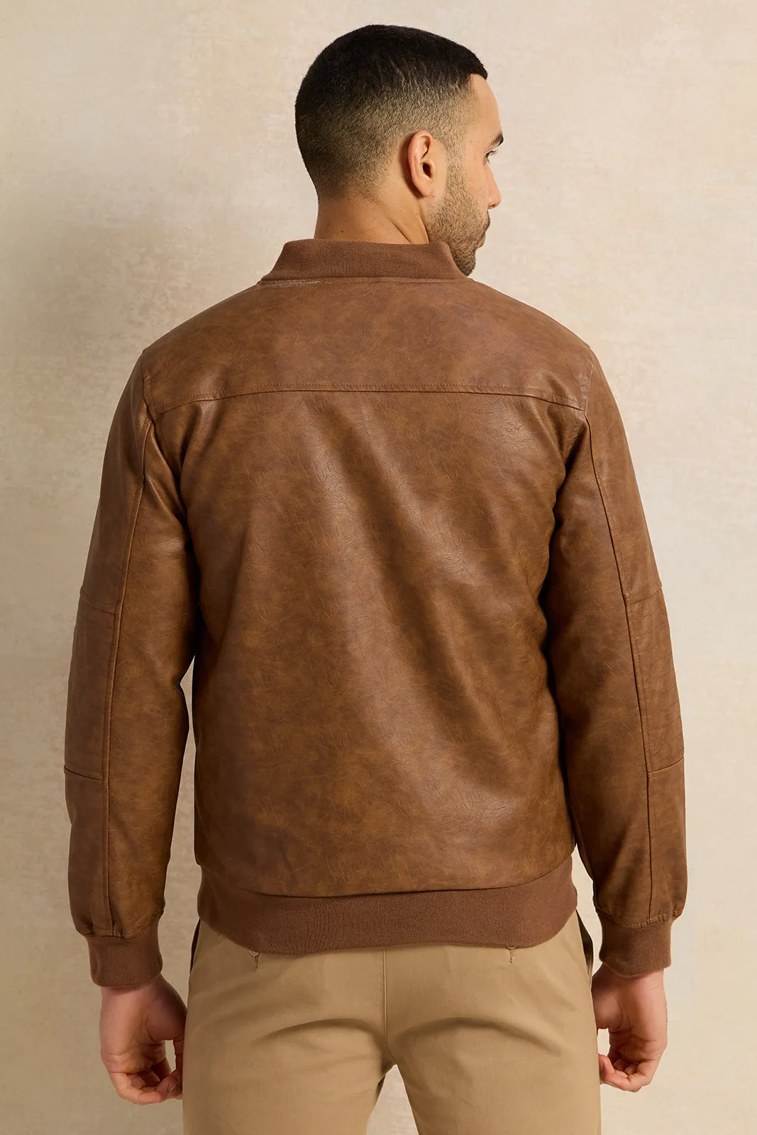 Men Brown PU Bomber Jacket