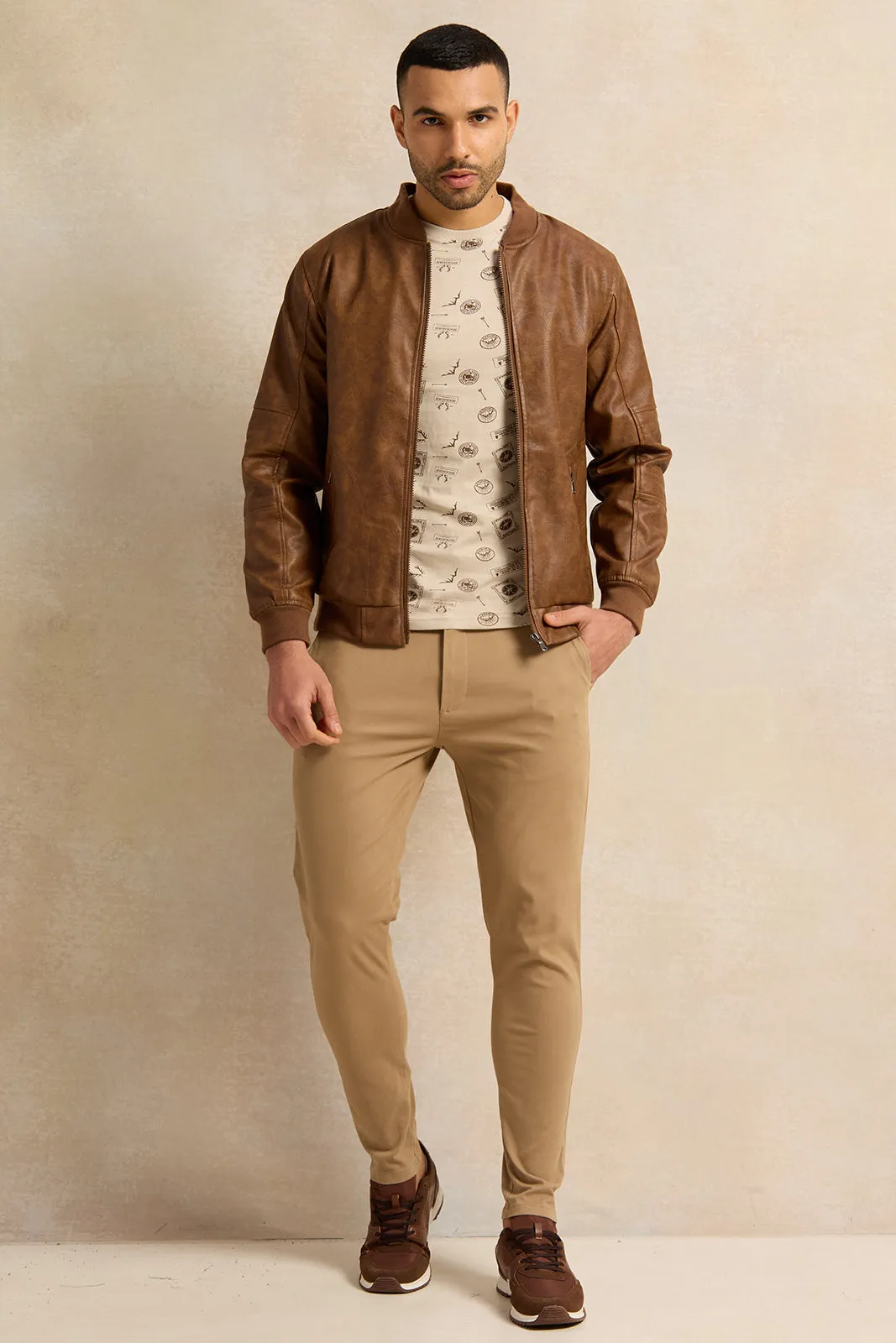 Men Brown PU Bomber Jacket