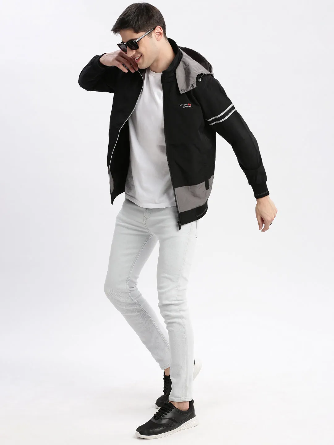 Men Colourblocked Mock Collar Black Bomber Jacket Comes with Detachable Hoodie