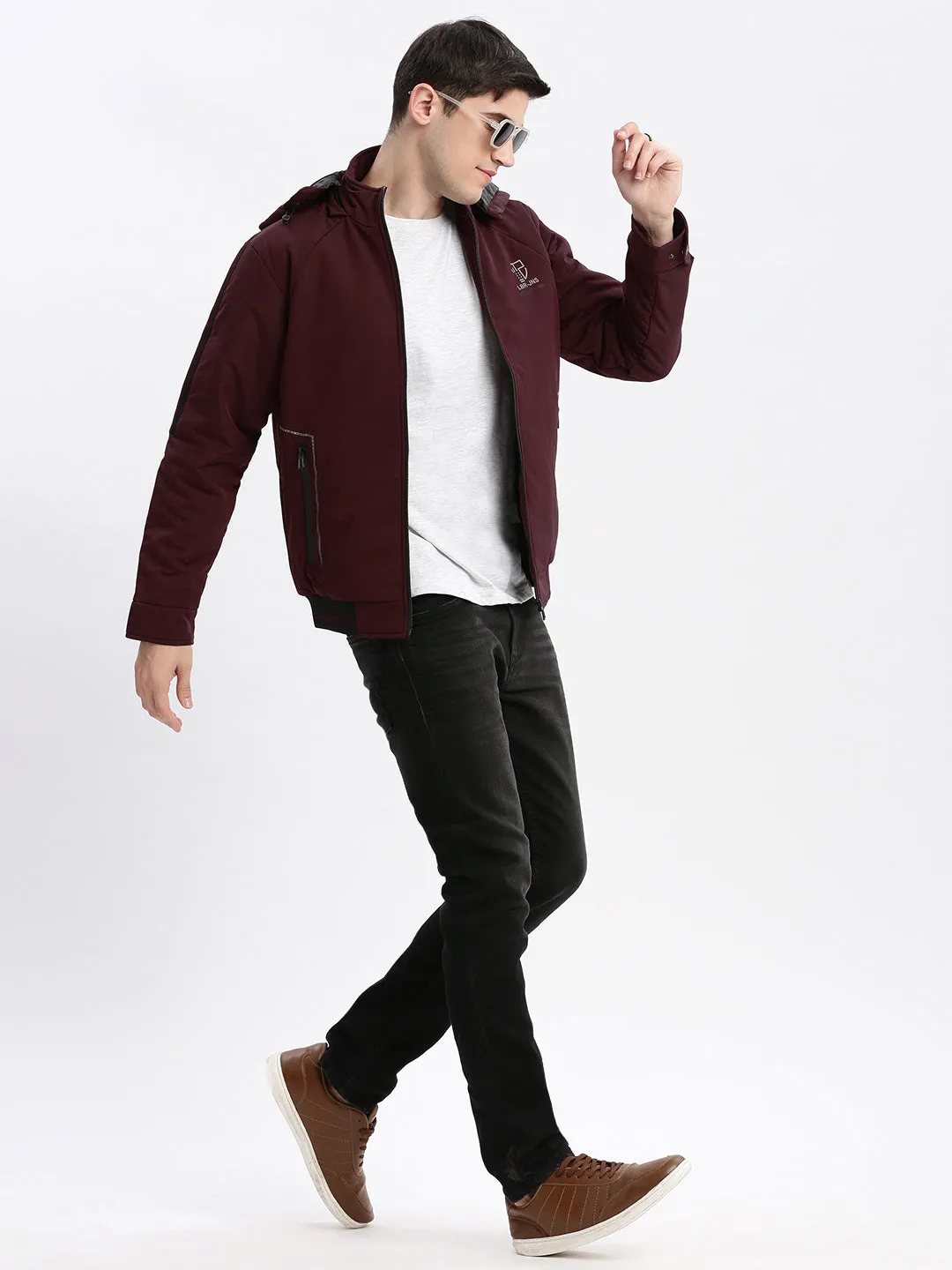 Men Solid Mock Collar Burgundy Bomber Jacket Comes with Detachable Hoodie