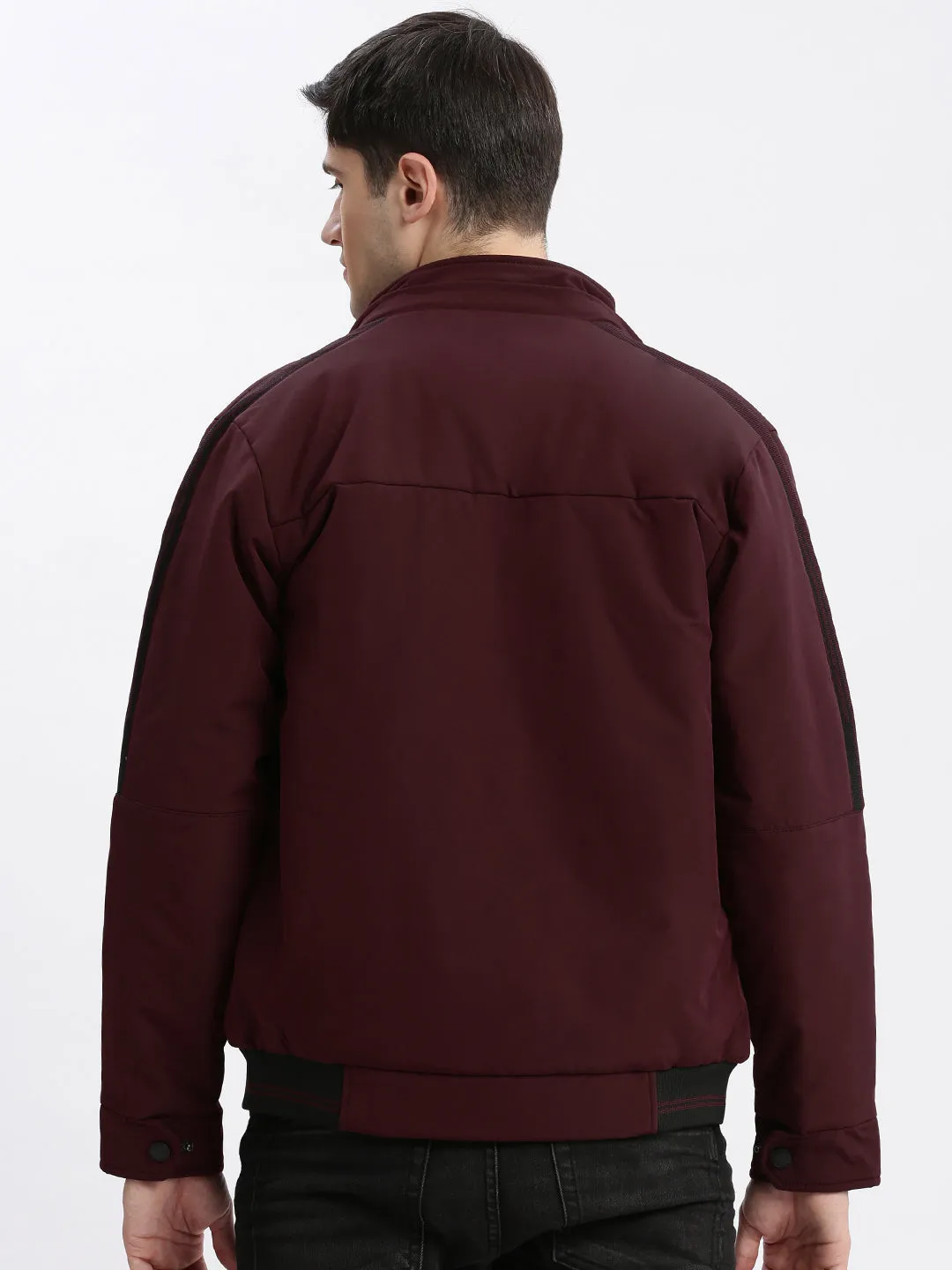 Men Solid Mock Collar Burgundy Bomber Jacket Comes with Detachable Hoodie