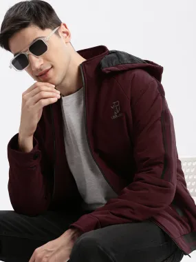 Men Solid Mock Collar Burgundy Bomber Jacket Comes with Detachable Hoodie