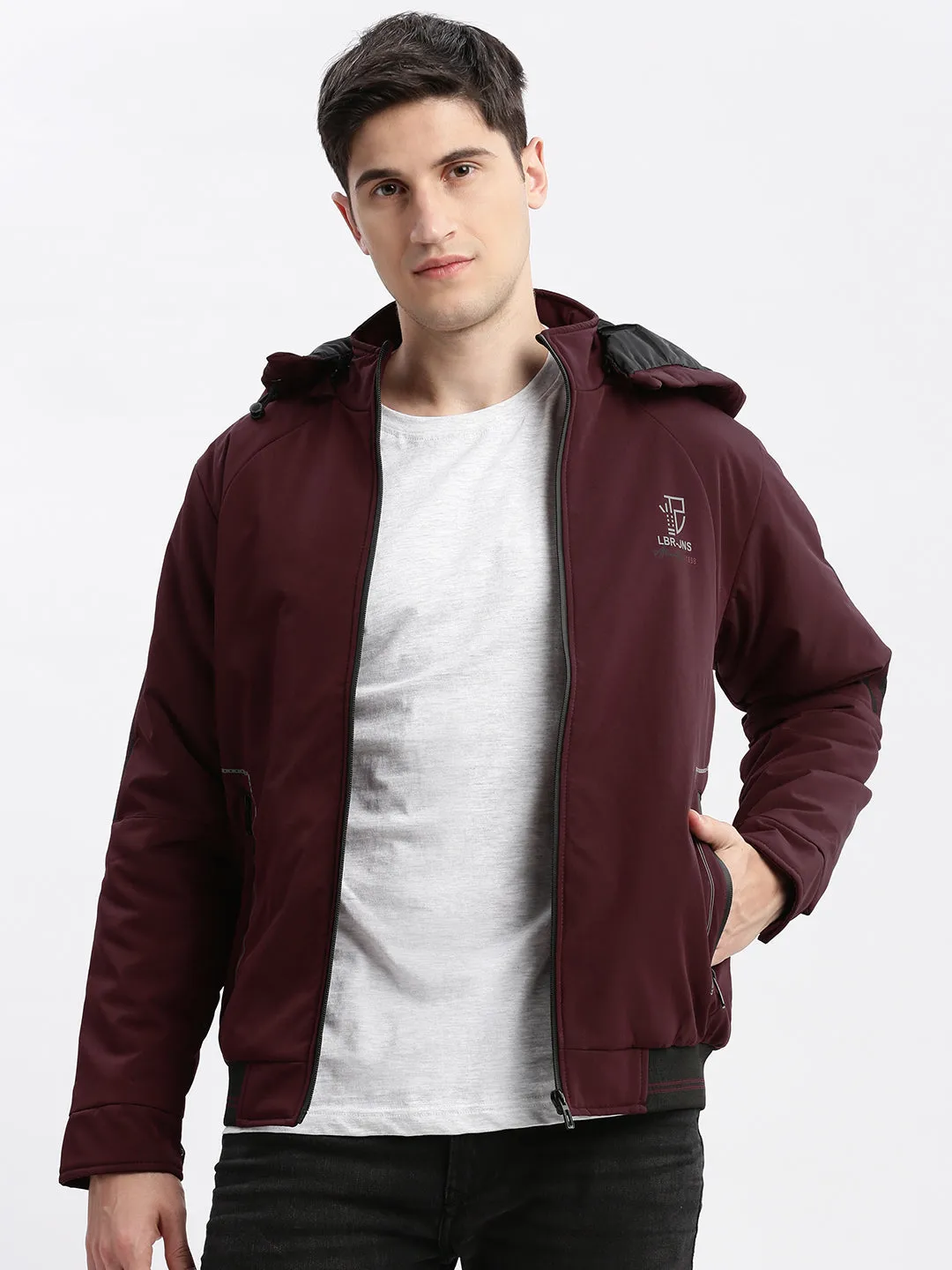 Men Solid Mock Collar Burgundy Bomber Jacket Comes with Detachable Hoodie