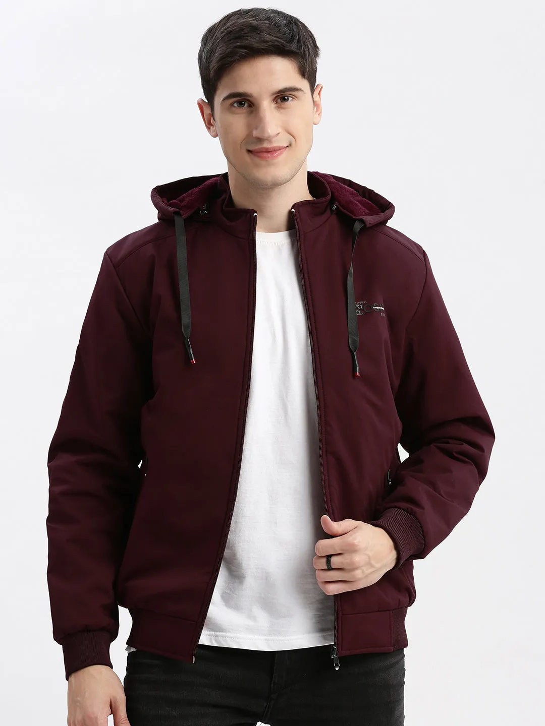 Men Solid Mock Collar Maroon Bomber Jacket Comes with Detachable Hoodie