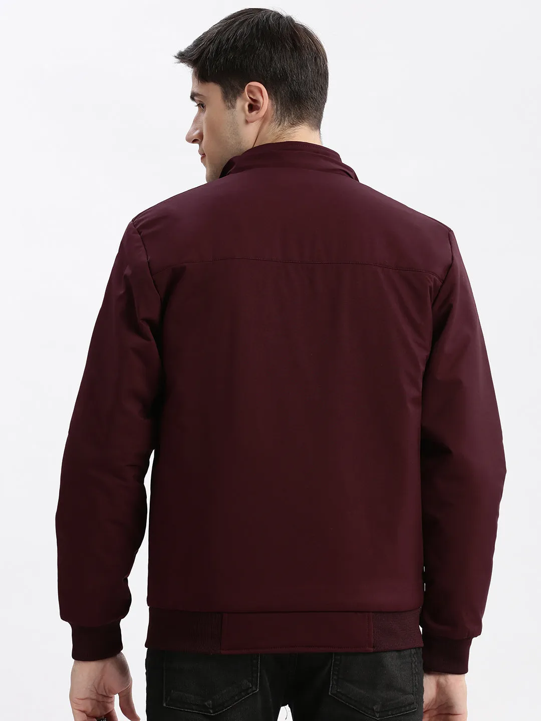 Men Solid Mock Collar Maroon Bomber Jacket Comes with Detachable Hoodie