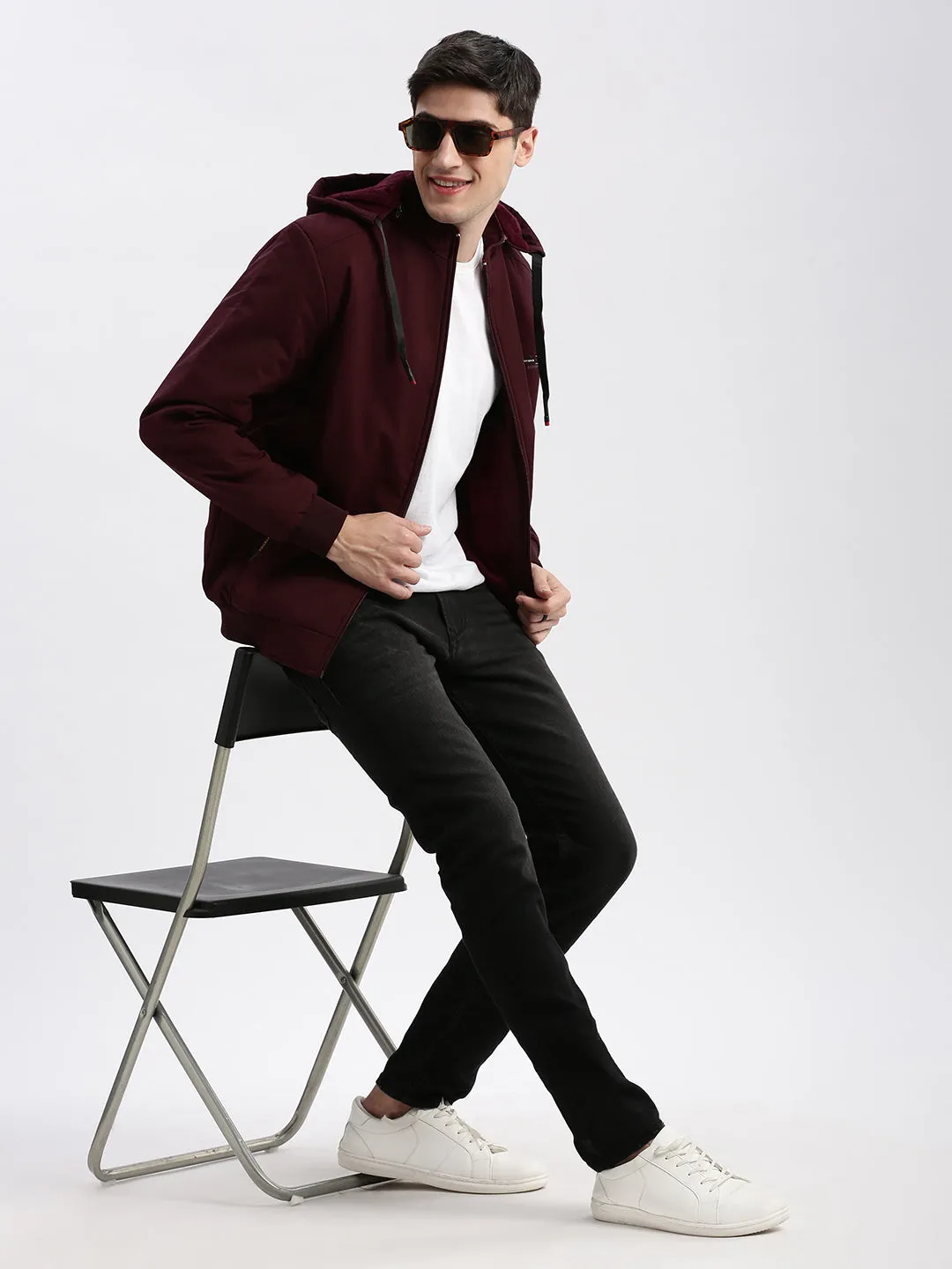 Men Solid Mock Collar Maroon Bomber Jacket Comes with Detachable Hoodie