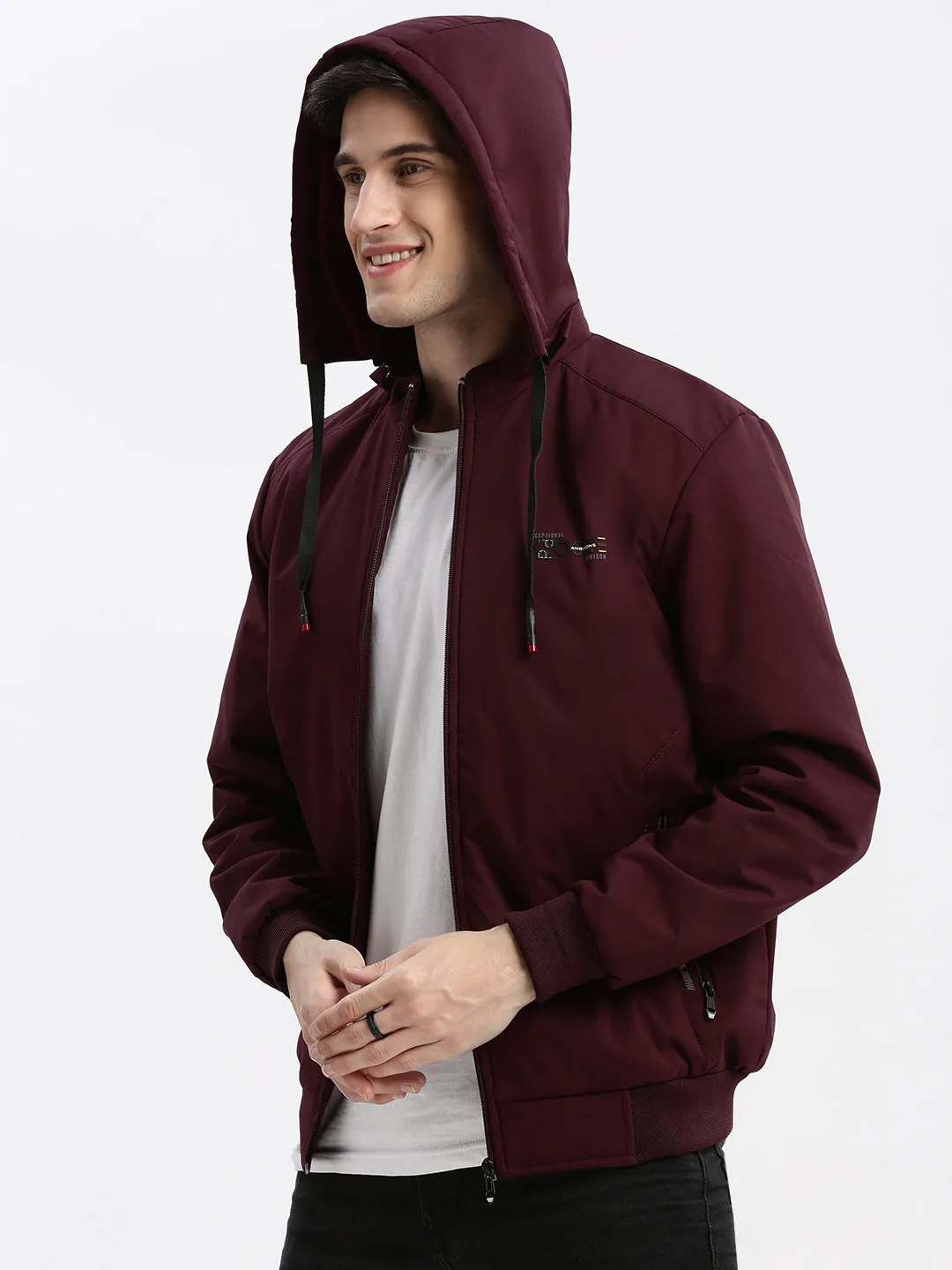 Men Solid Mock Collar Maroon Bomber Jacket Comes with Detachable Hoodie