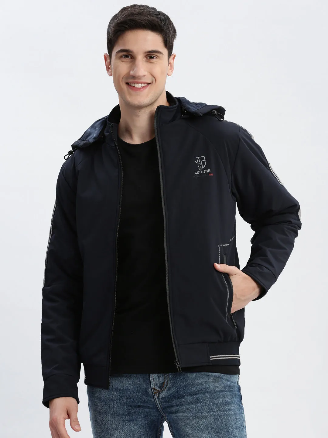 Men Solid Mock Collar Navy Blue Bomber Jacket Comes with Detachable Hoodie