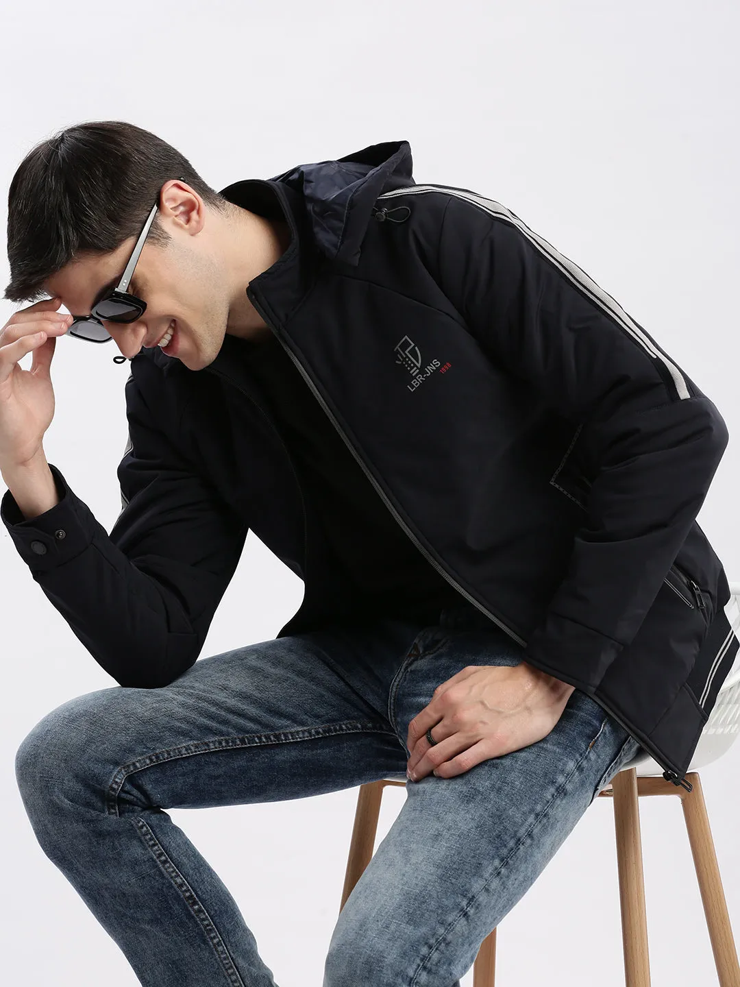 Men Solid Mock Collar Navy Blue Bomber Jacket Comes with Detachable Hoodie