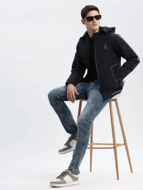 Men Solid Mock Collar Navy Blue Bomber Jacket Comes with Detachable Hoodie