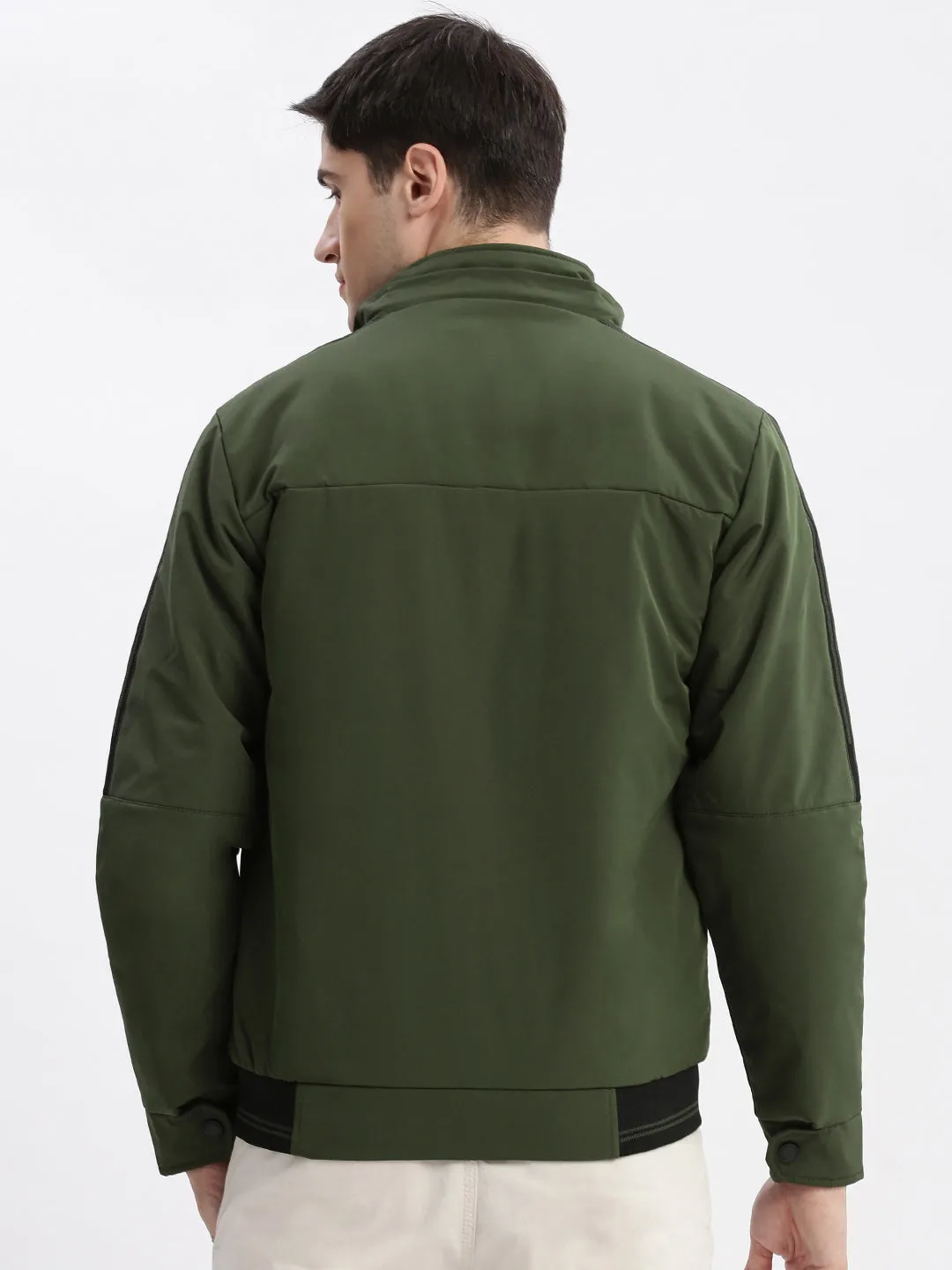 Men Solid Mock Collar Olive Bomber Jacket Comes with Detachable Hoodie