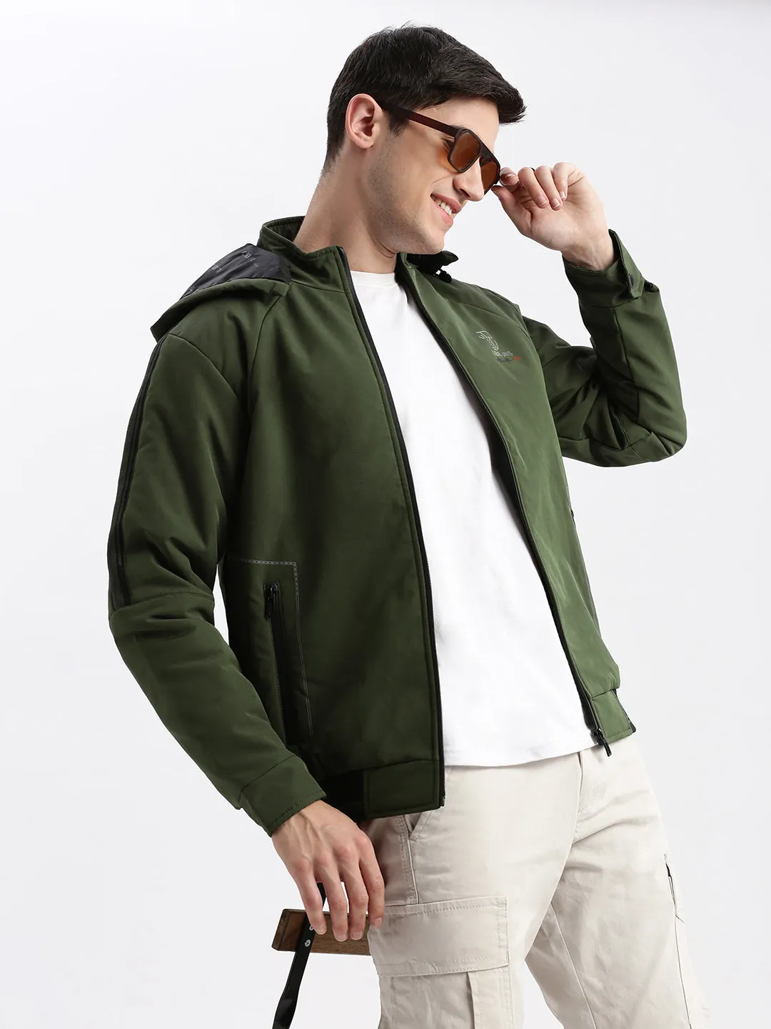 Men Solid Mock Collar Olive Bomber Jacket Comes with Detachable Hoodie