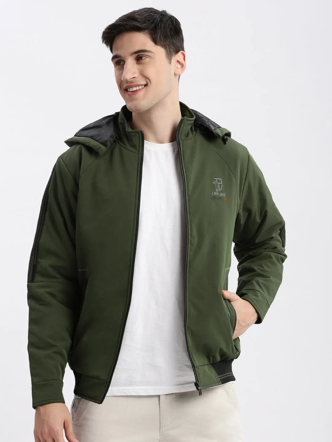 Men Solid Mock Collar Olive Bomber Jacket Comes with Detachable Hoodie