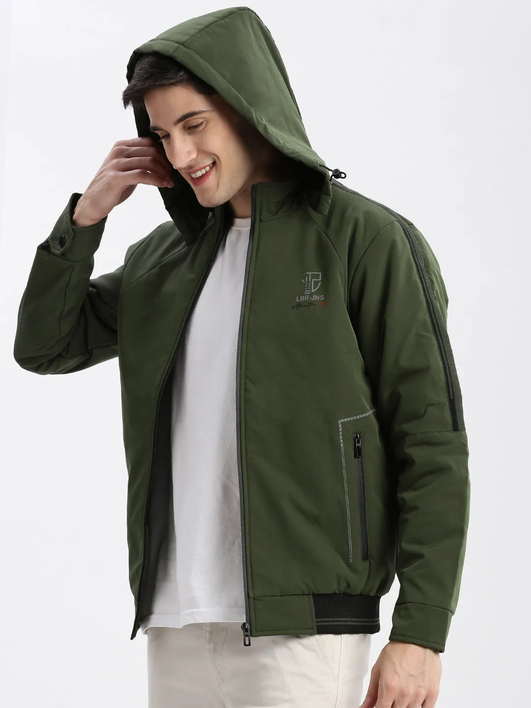 Men Solid Mock Collar Olive Bomber Jacket Comes with Detachable Hoodie