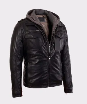 Mens Black Bomber Lambskin Real Leather Jacket with Hood