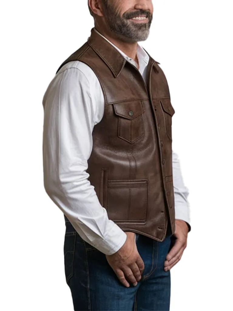 Men's Brown Classic Western Style Leather Vest