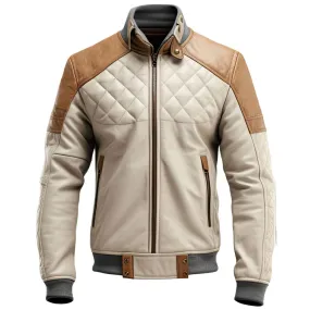 Men's Brown Moto Racer Diamond Quilted Bomber Genuine Leather Jacket