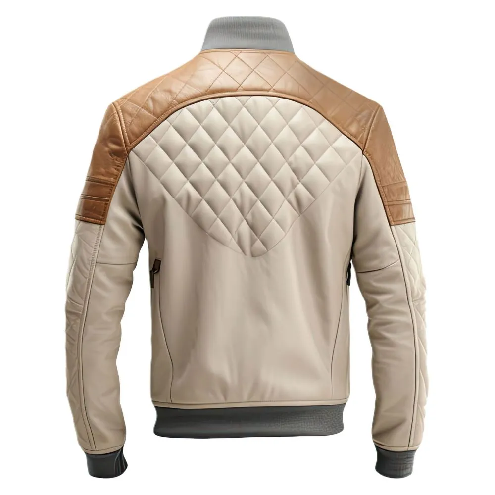 Men's Brown Moto Racer Diamond Quilted Bomber Genuine Leather Jacket