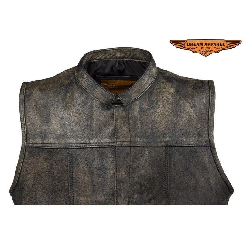 Mens Distressed Brown Leather Motorcycle Club Vest