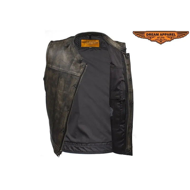 Mens Distressed Brown Leather Motorcycle Club Vest