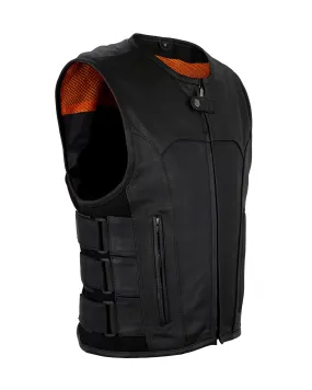 Mens Leather Bullet Proof Style Vest With Straps Cowhide Leather