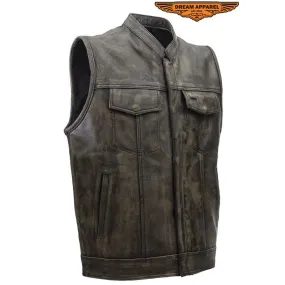 Mens SOA Style Motorcycle Club Distressed Brown Leather Biker Vest