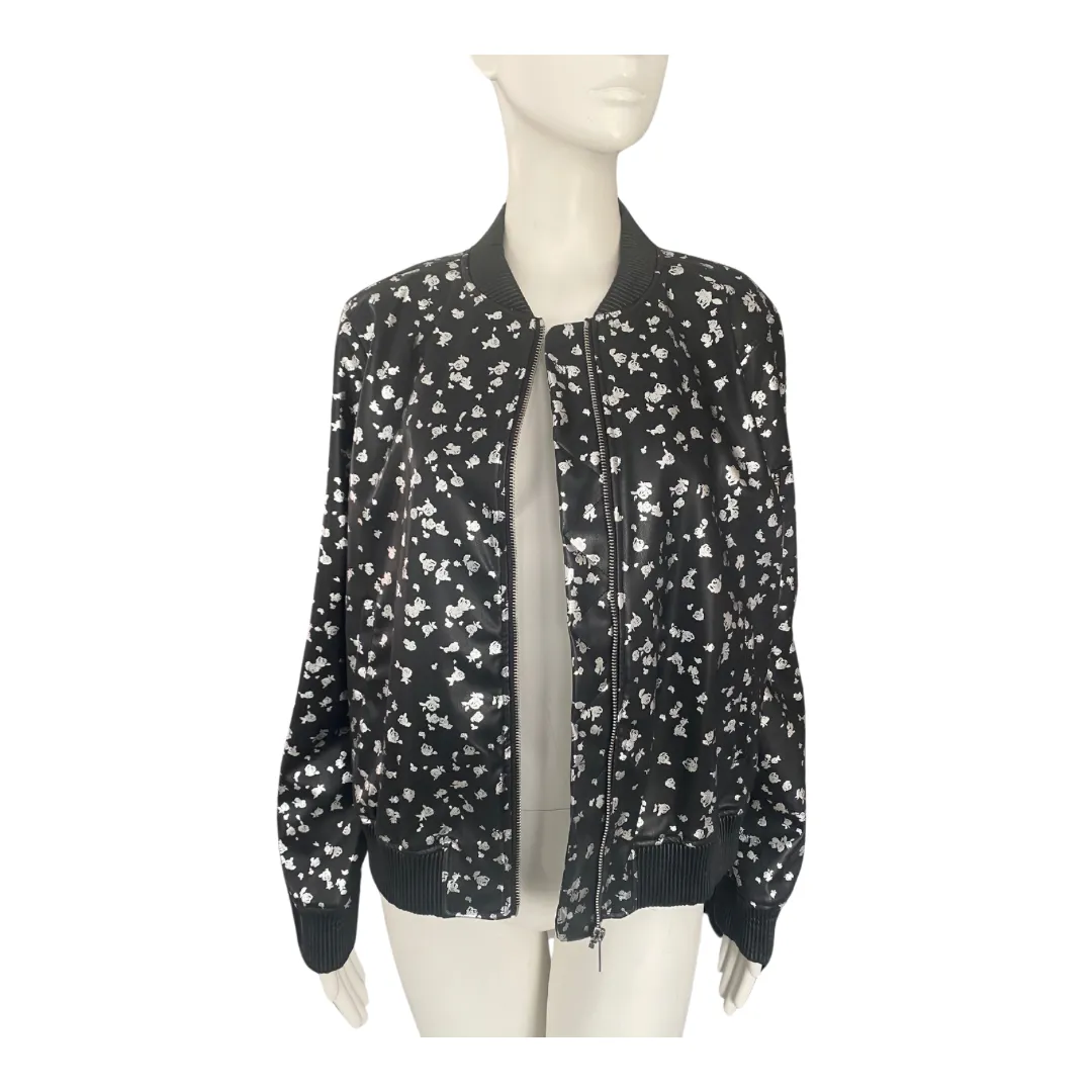 MICHAEL KORS Floral Print PU Bomber Jacket Black SIZE L