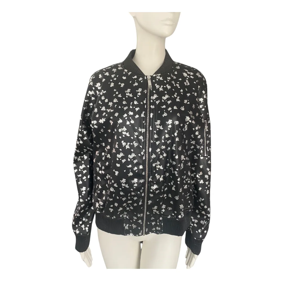 MICHAEL KORS Floral Print PU Bomber Jacket Black SIZE L