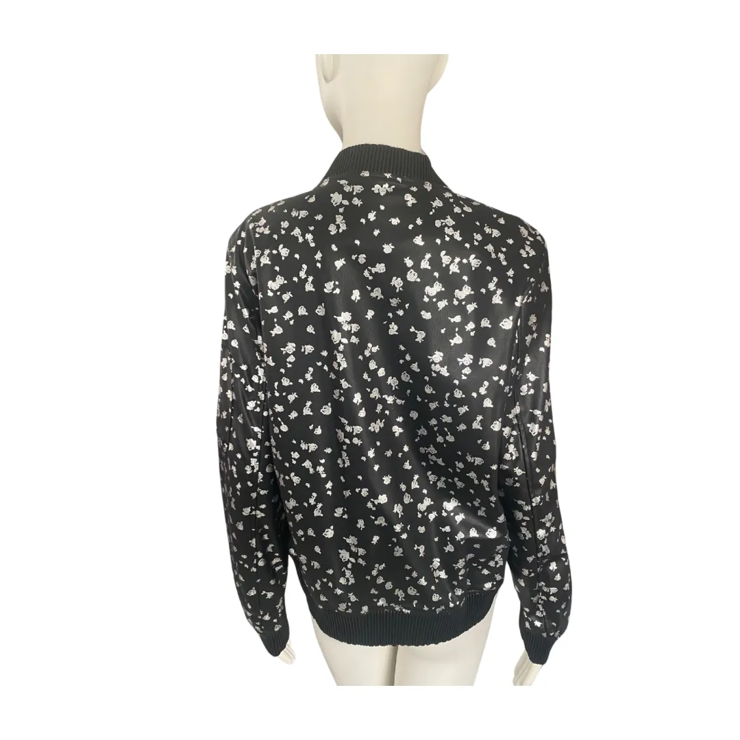 MICHAEL KORS Floral Print PU Bomber Jacket Black SIZE L