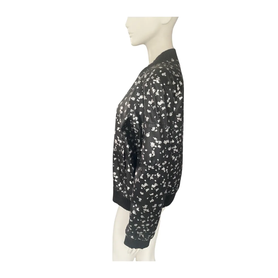 MICHAEL KORS Floral Print PU Bomber Jacket Black SIZE L