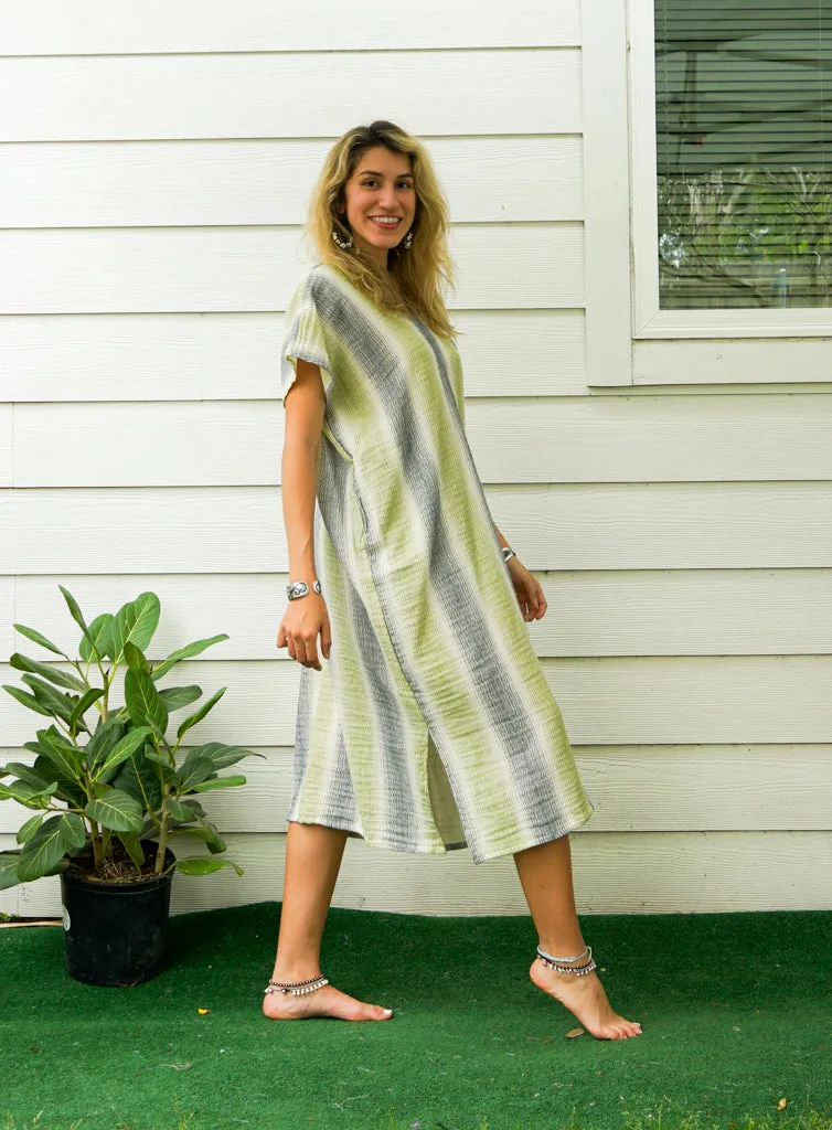 Mint Striped Double Gauze Cotton Dress with Pockets