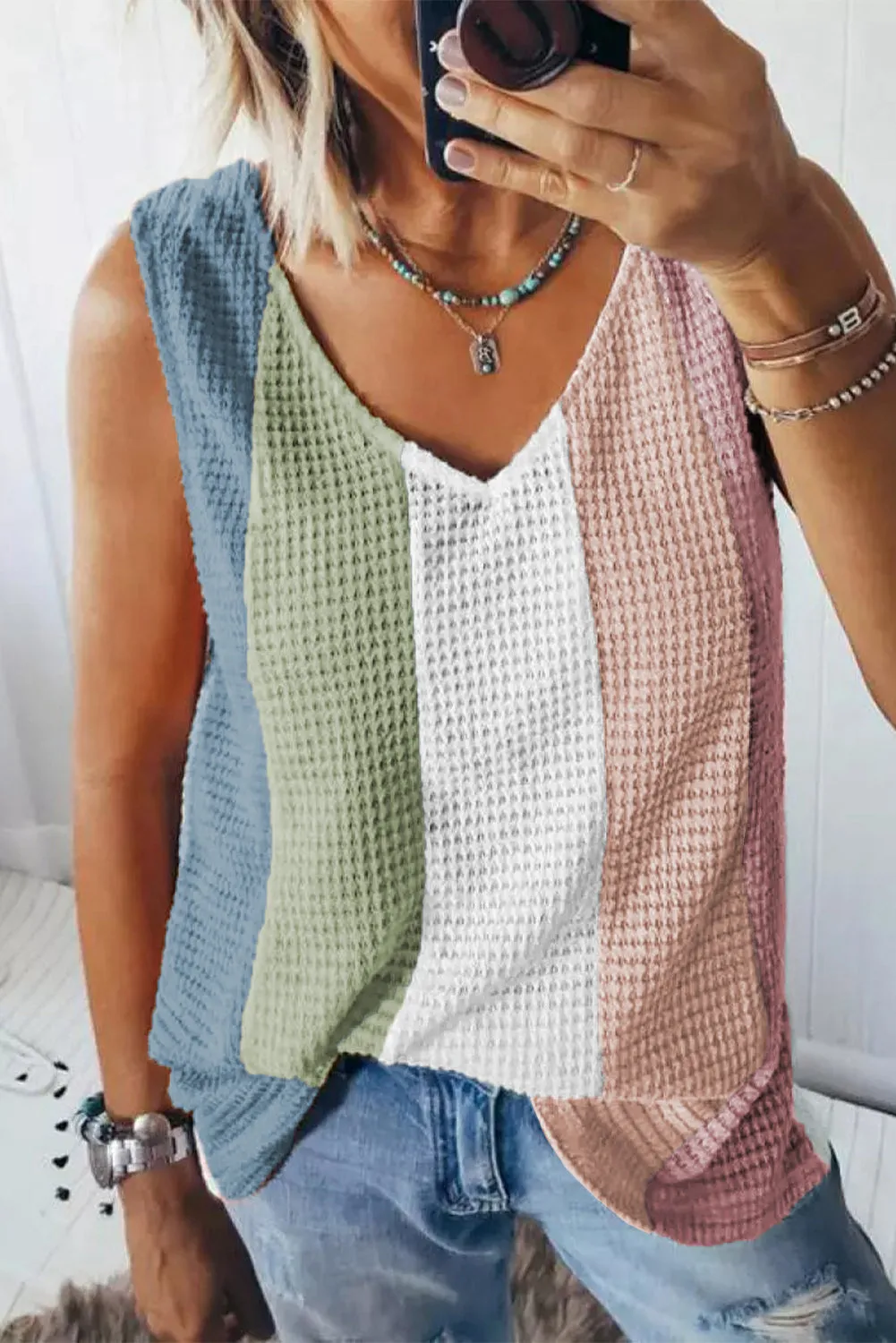 Multicolor Color Block V-Neck Waffle Knit Tank Top