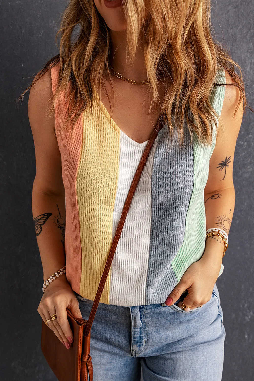 Multicolor Color Block V-Neck Waffle Knit Tank Top