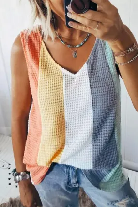 Multicolor Color Block V-Neck Waffle Knit Tank Top