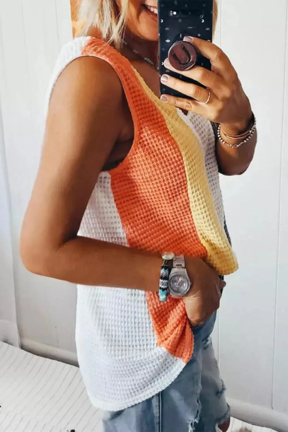 Multicolor Color Block V-Neck Waffle Knit Tank Top