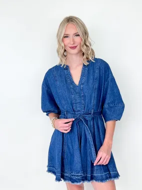 Noelle - V-Neck Waist Tie Denim Dress