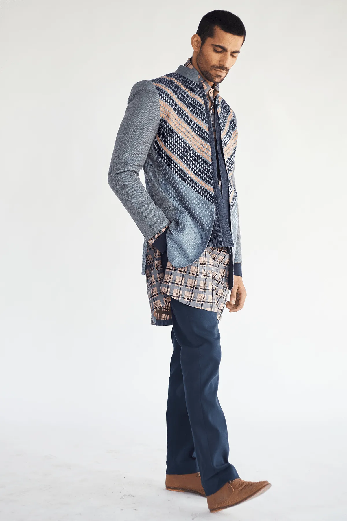 Open Layered Jacket with textured Kurta & Blue Trouser