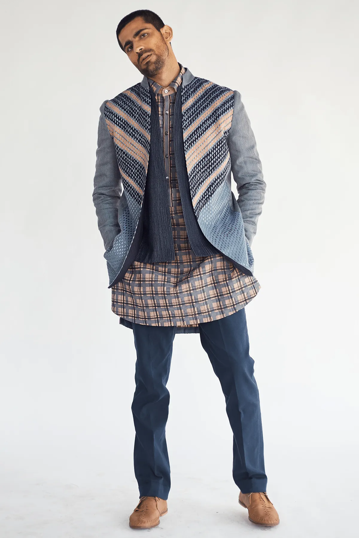 Open Layered Jacket with textured Kurta & Blue Trouser