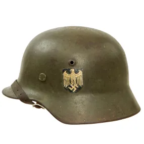 Original German WWII Extra Small Heer M35 Double Decal Helmet with 1937 Dated 53cm Liner & Chinstrap - Stamped ET60