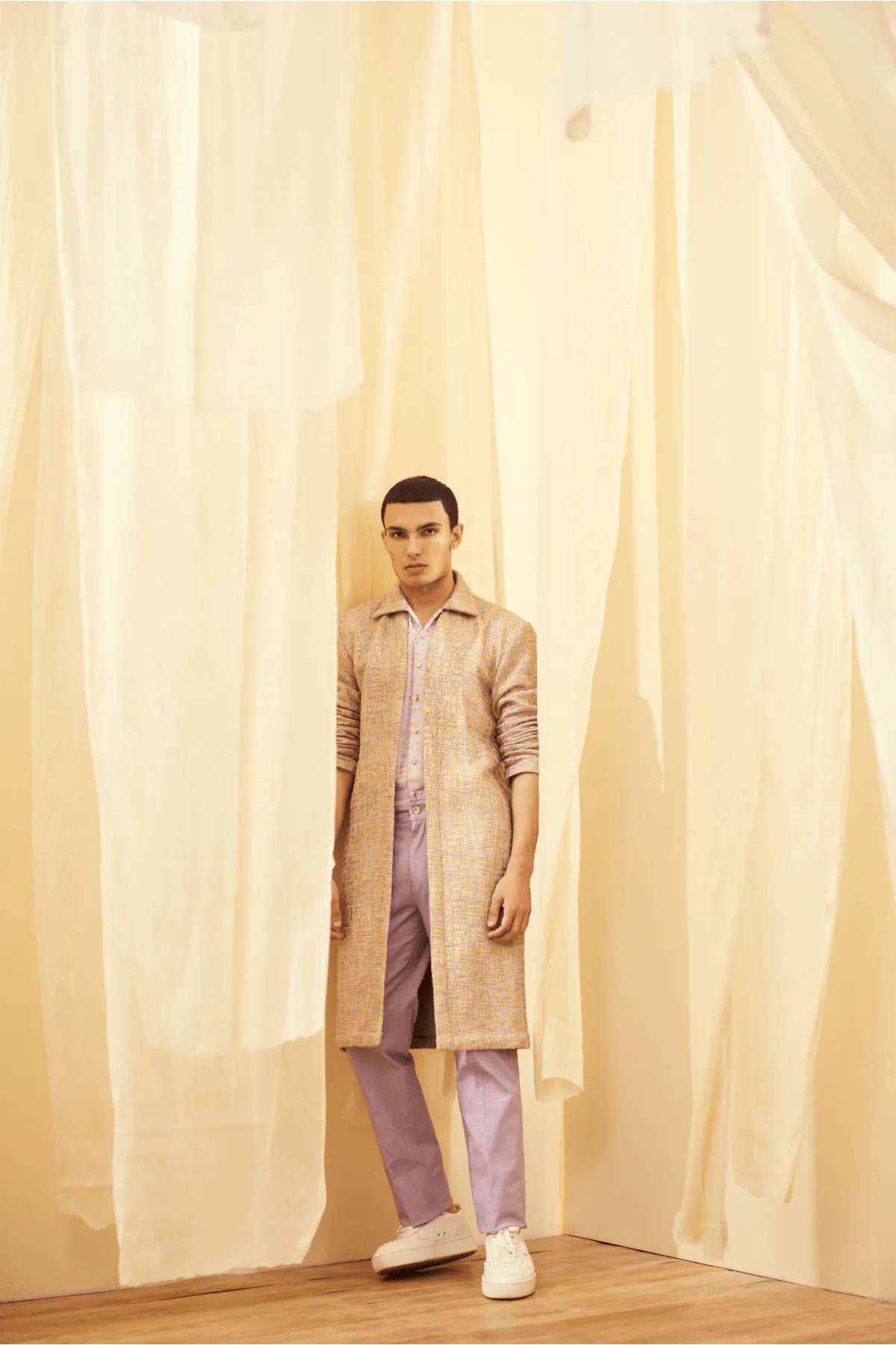 Oyster Beige and Lilac Mock Layered Tunic with Lilac Trousers