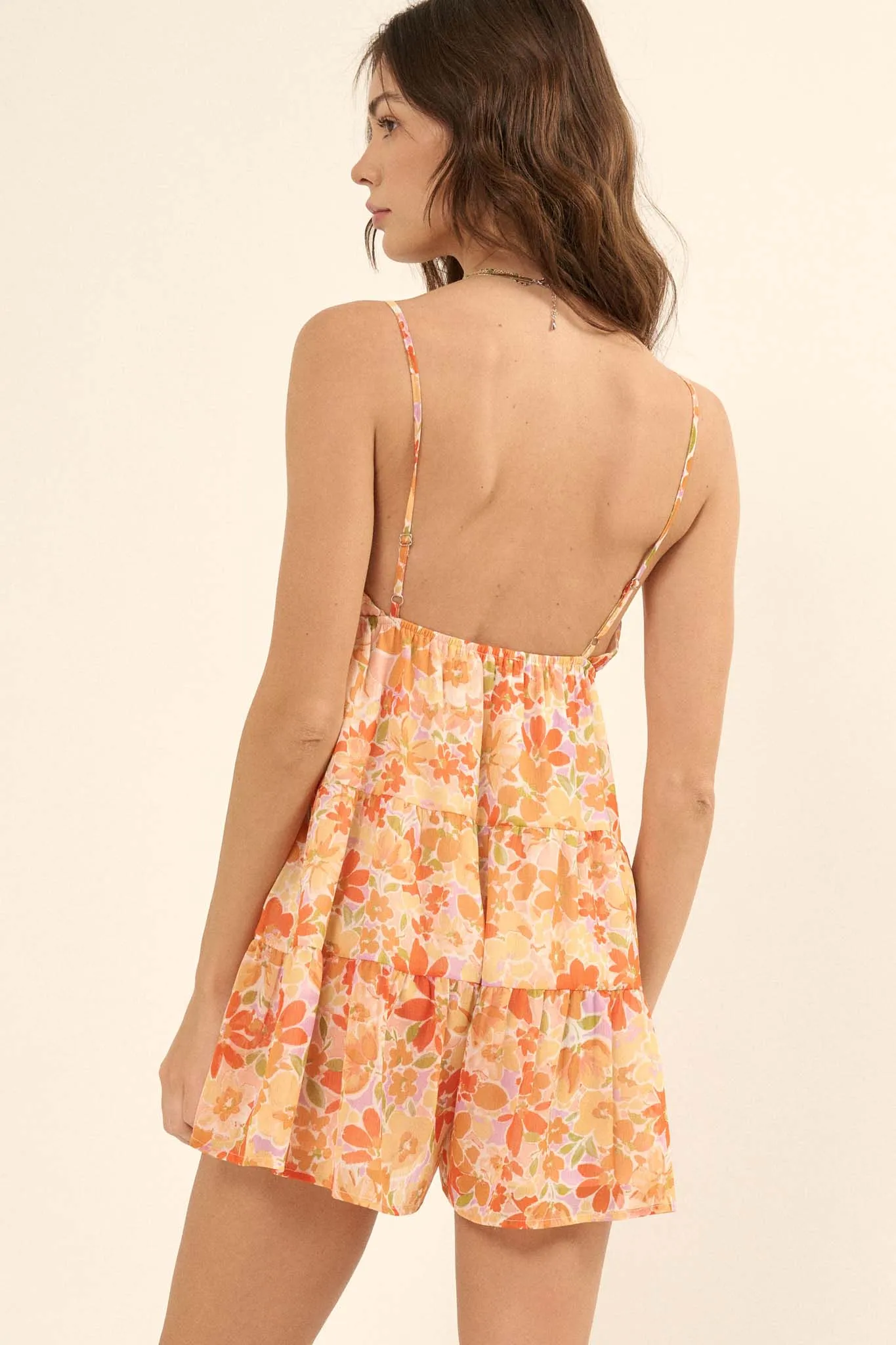 Peach Blossoms Floral Chiffon Tiered Ruffle Romper