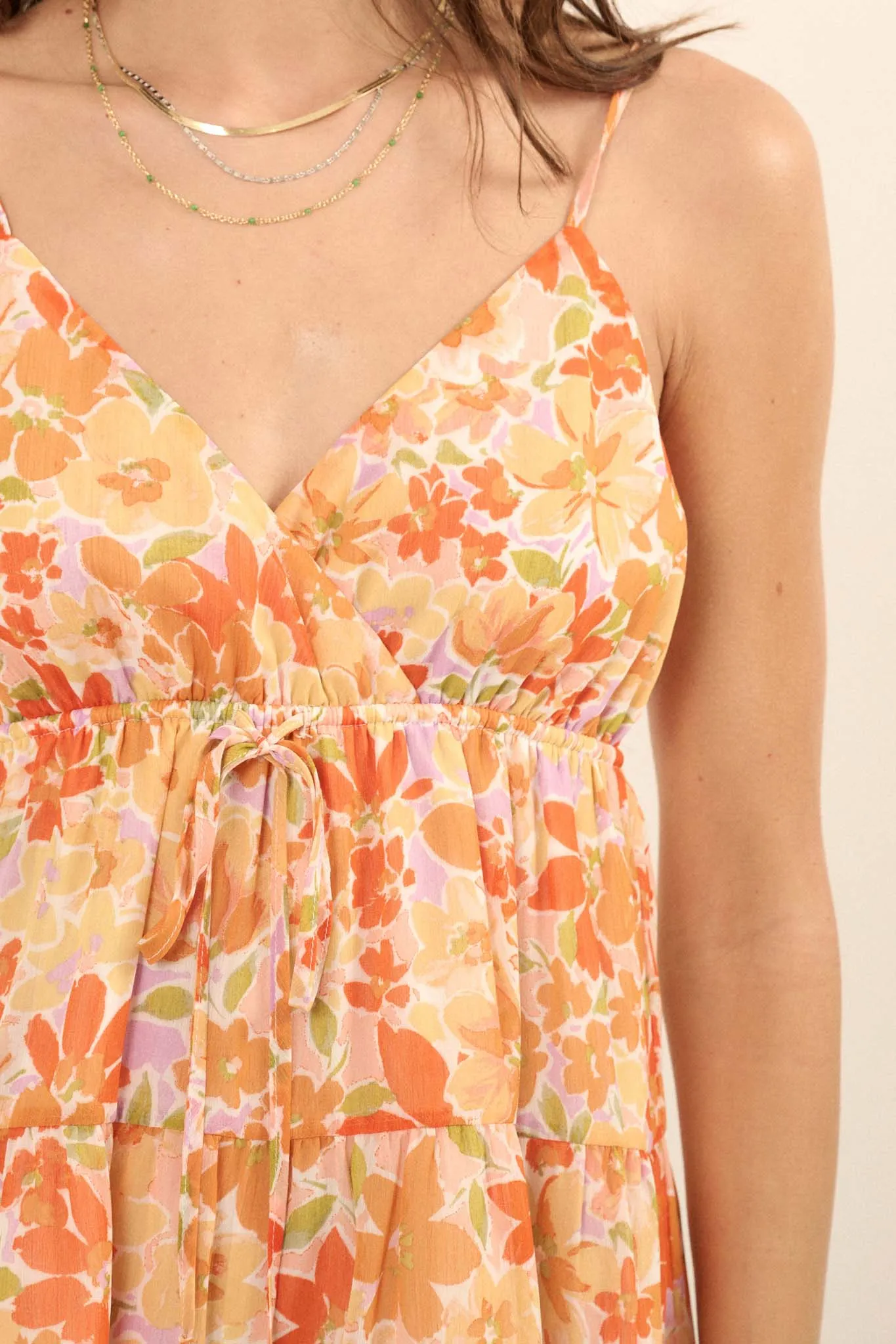 Peach Blossoms Floral Chiffon Tiered Ruffle Romper