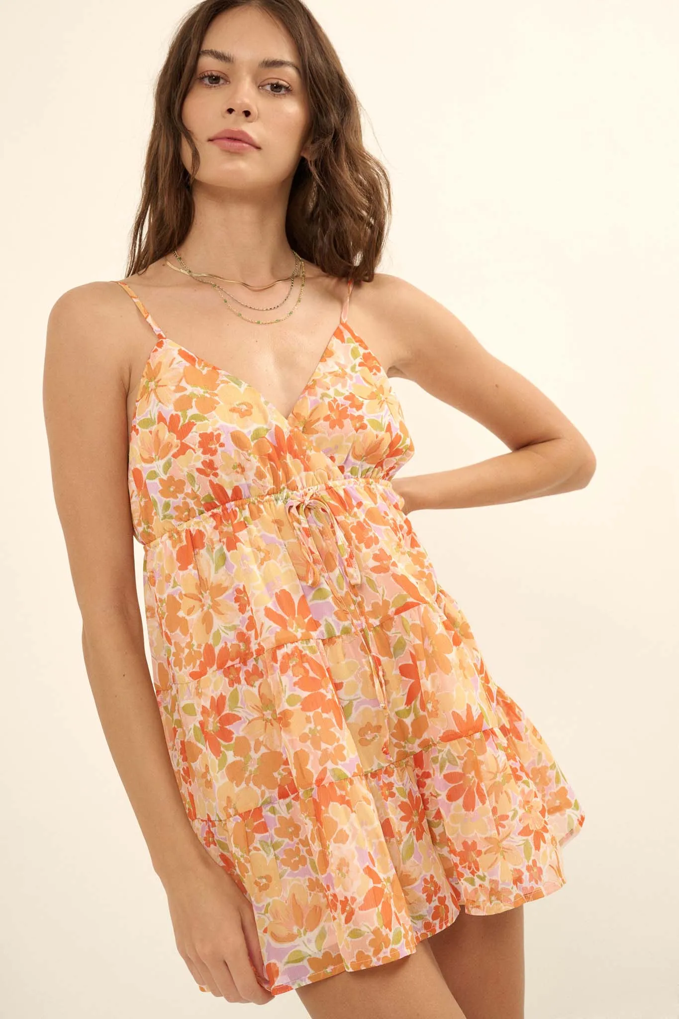 Peach Blossoms Floral Chiffon Tiered Ruffle Romper