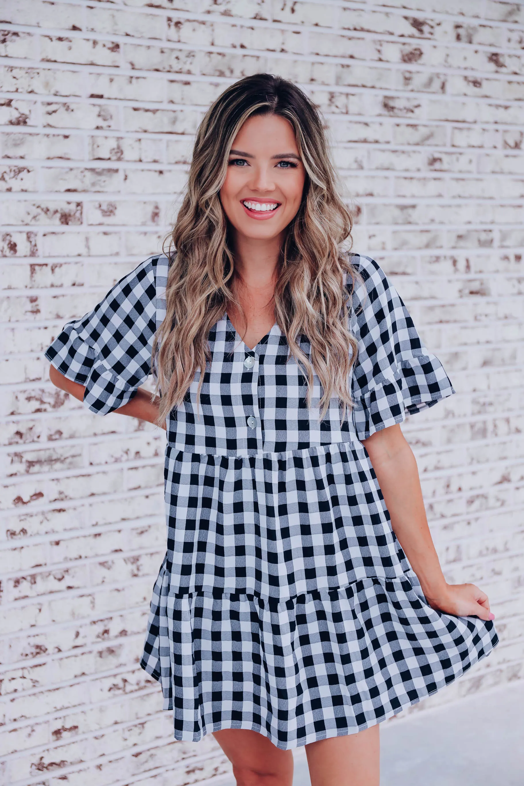 Perri Gingham Babydoll Dress - Black