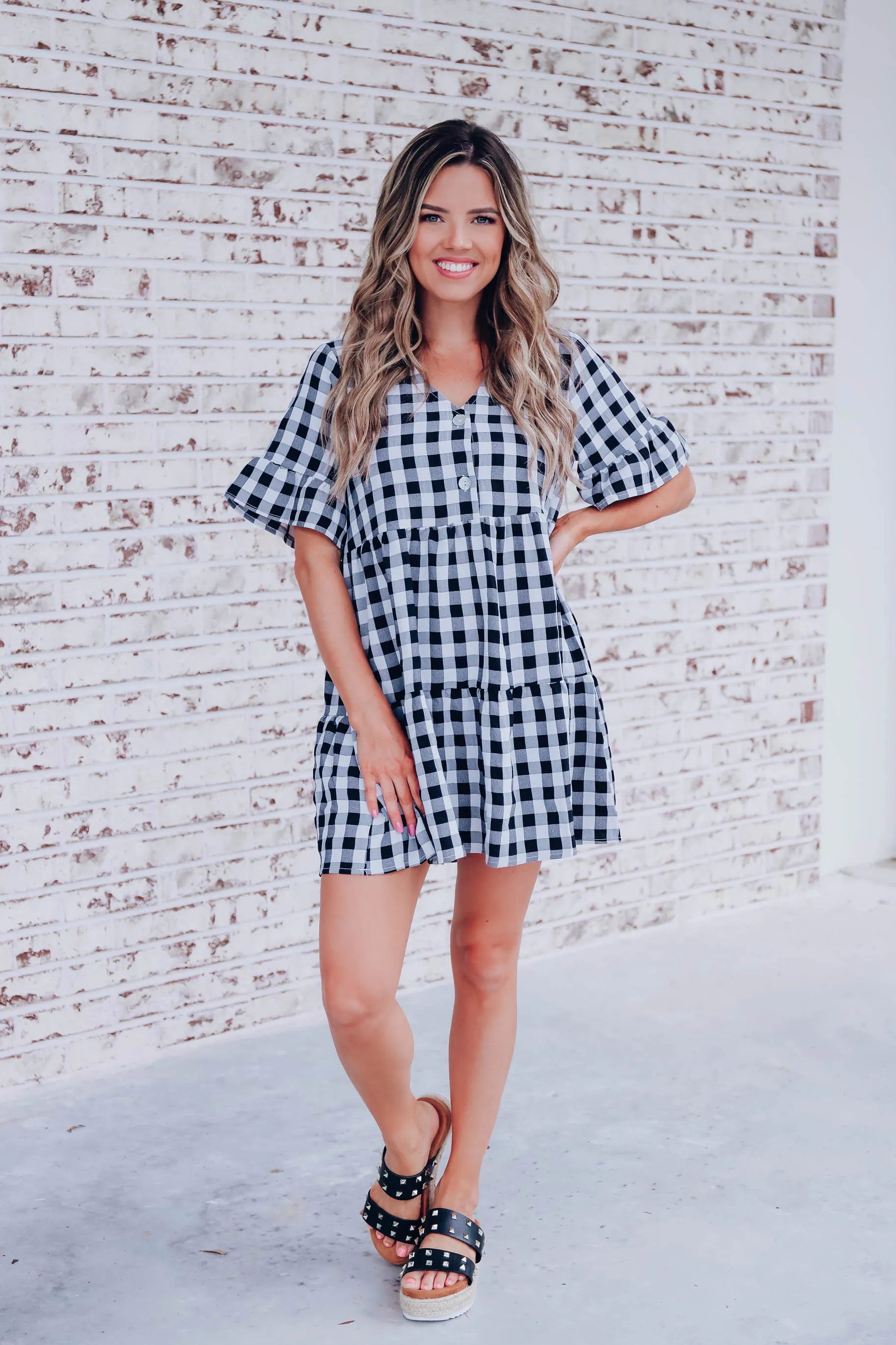 Perri Gingham Babydoll Dress - Black