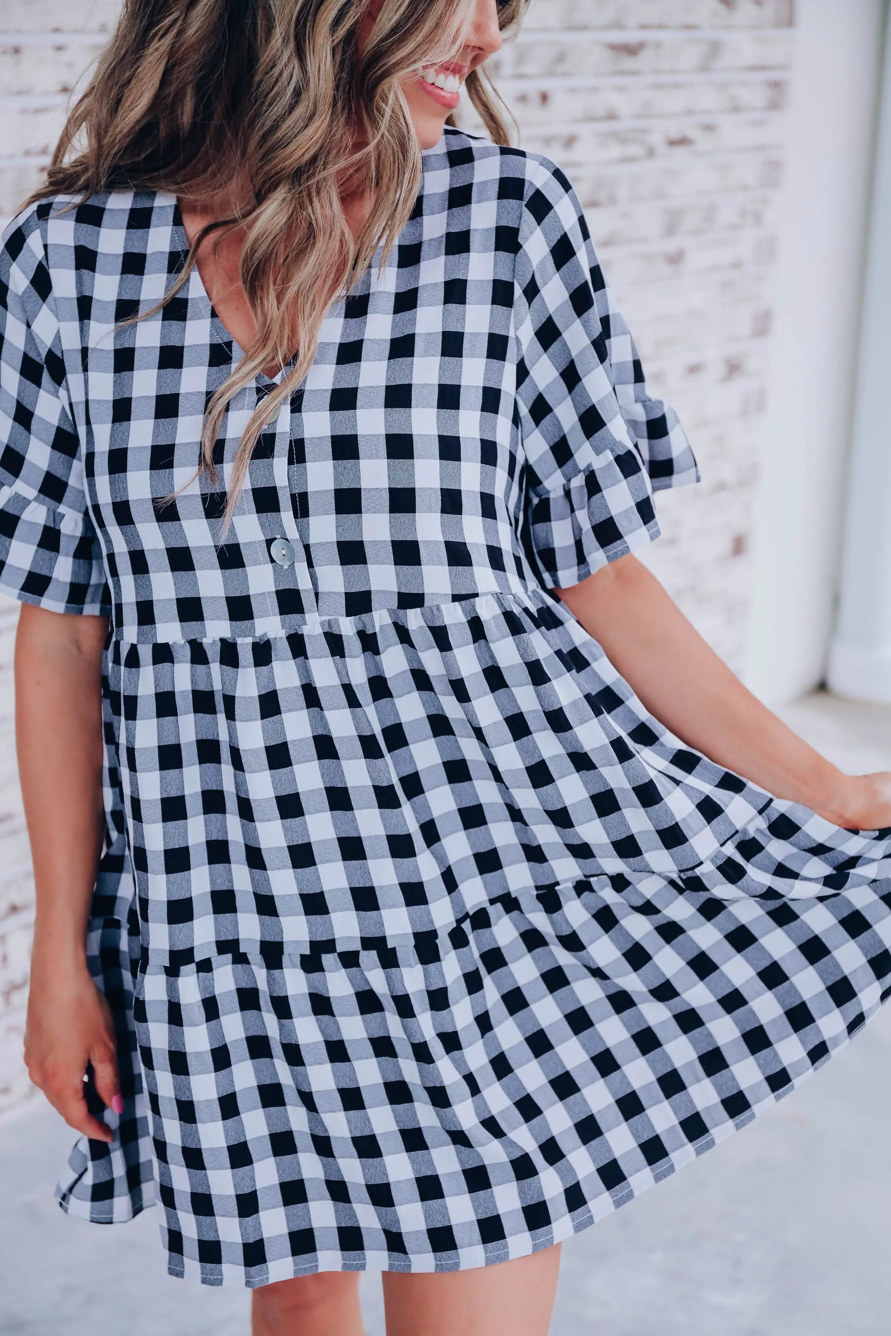 Perri Gingham Babydoll Dress - Black