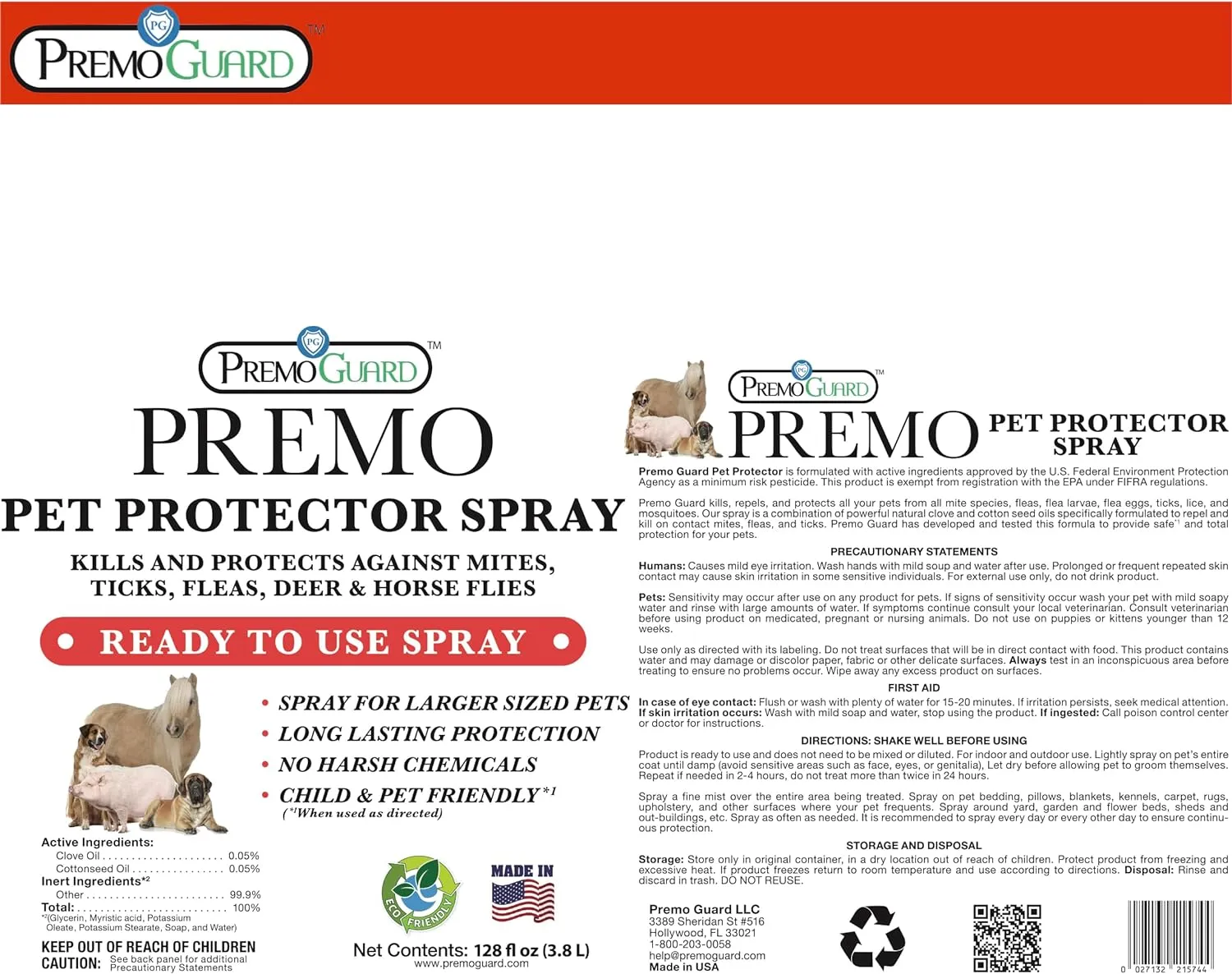 Pet Protector 128 oz - Plant Based All Natural Non-Toxic - By Premo Guard