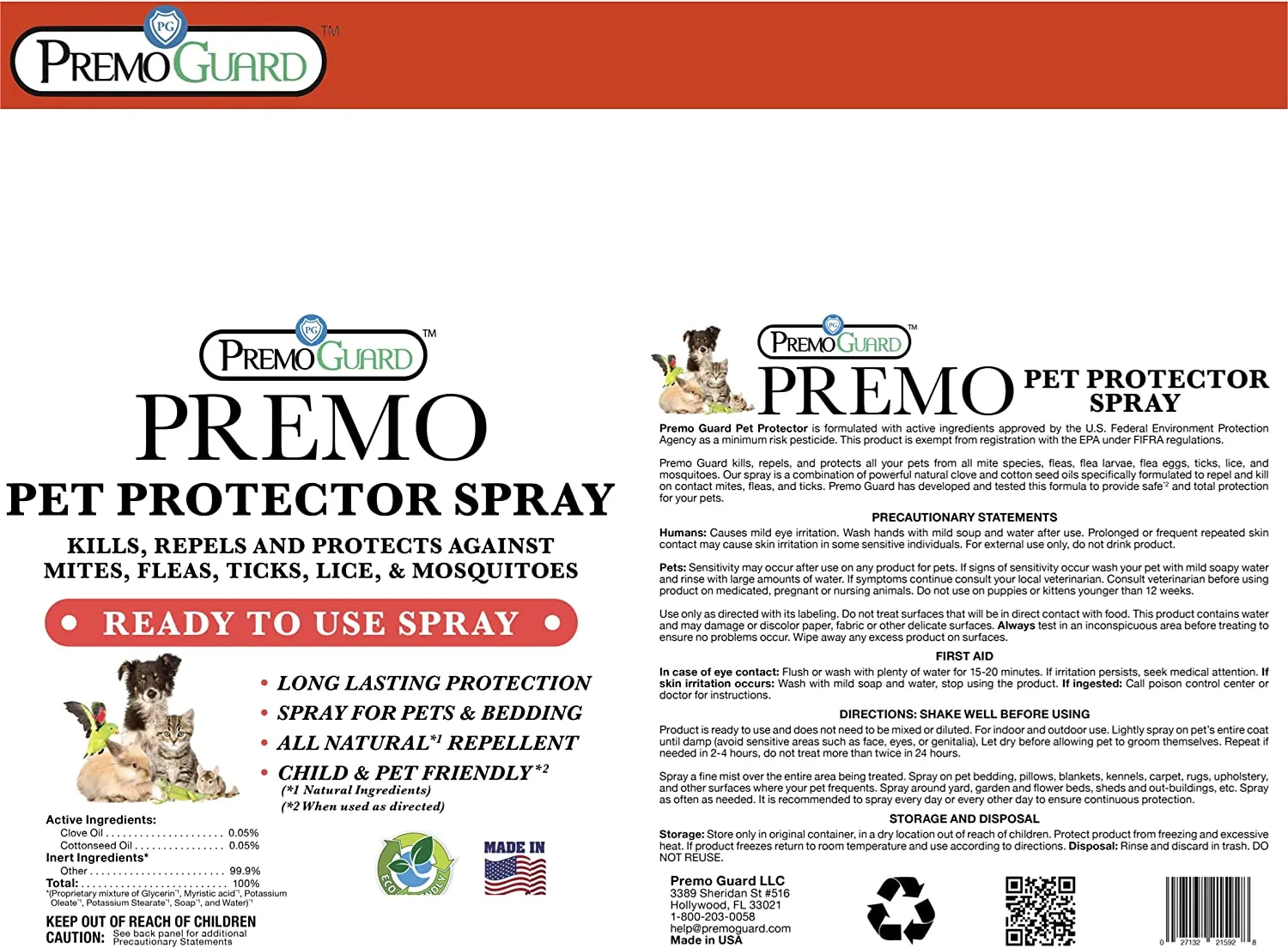 Pet Protector 16 oz - Plant Based All Natural Non-Toxic - By Premo Guard