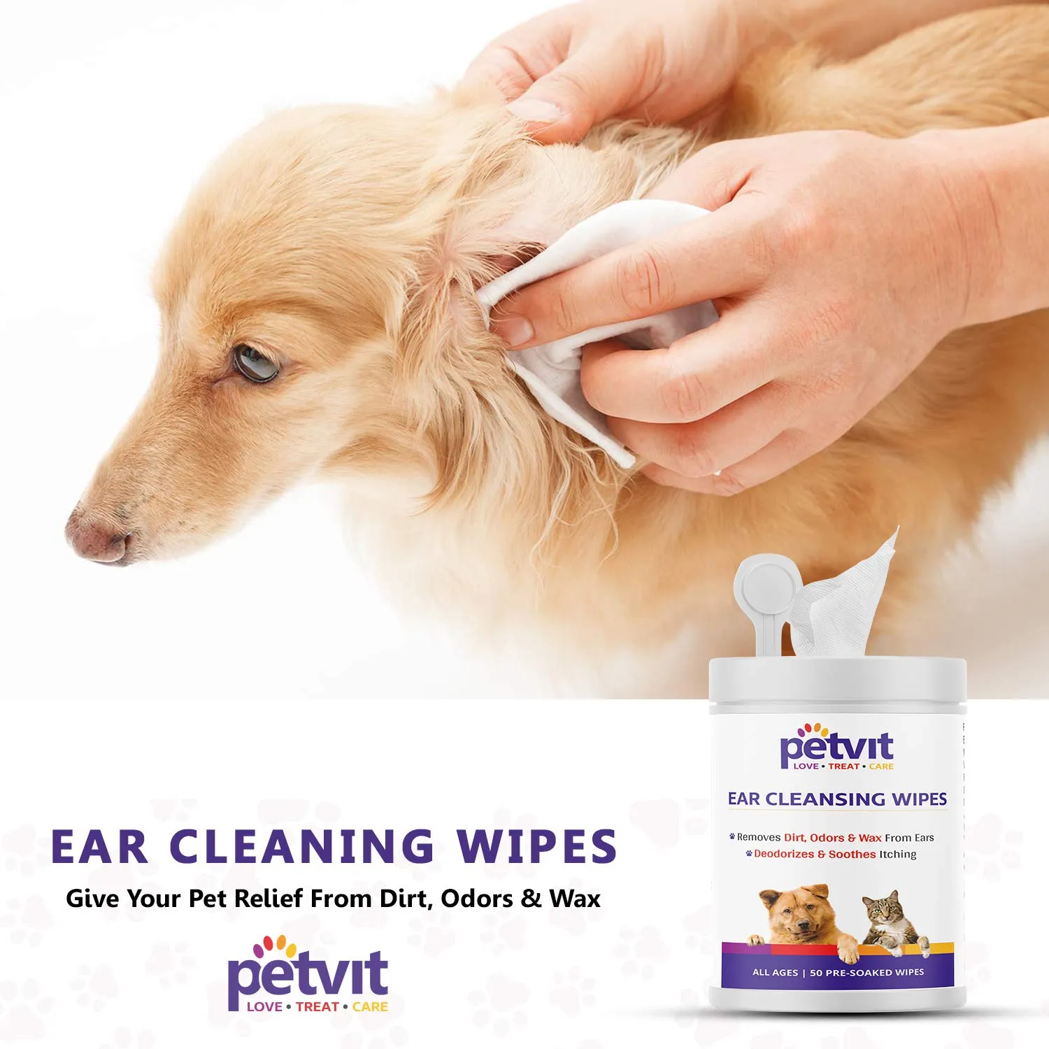 Petvit Dog Wipes for cleaning Ear | Wet Wipes for Dog - Cleans Ears & Face | Dog Wet Wipes for grooming | Pack of 1 | 50 Count