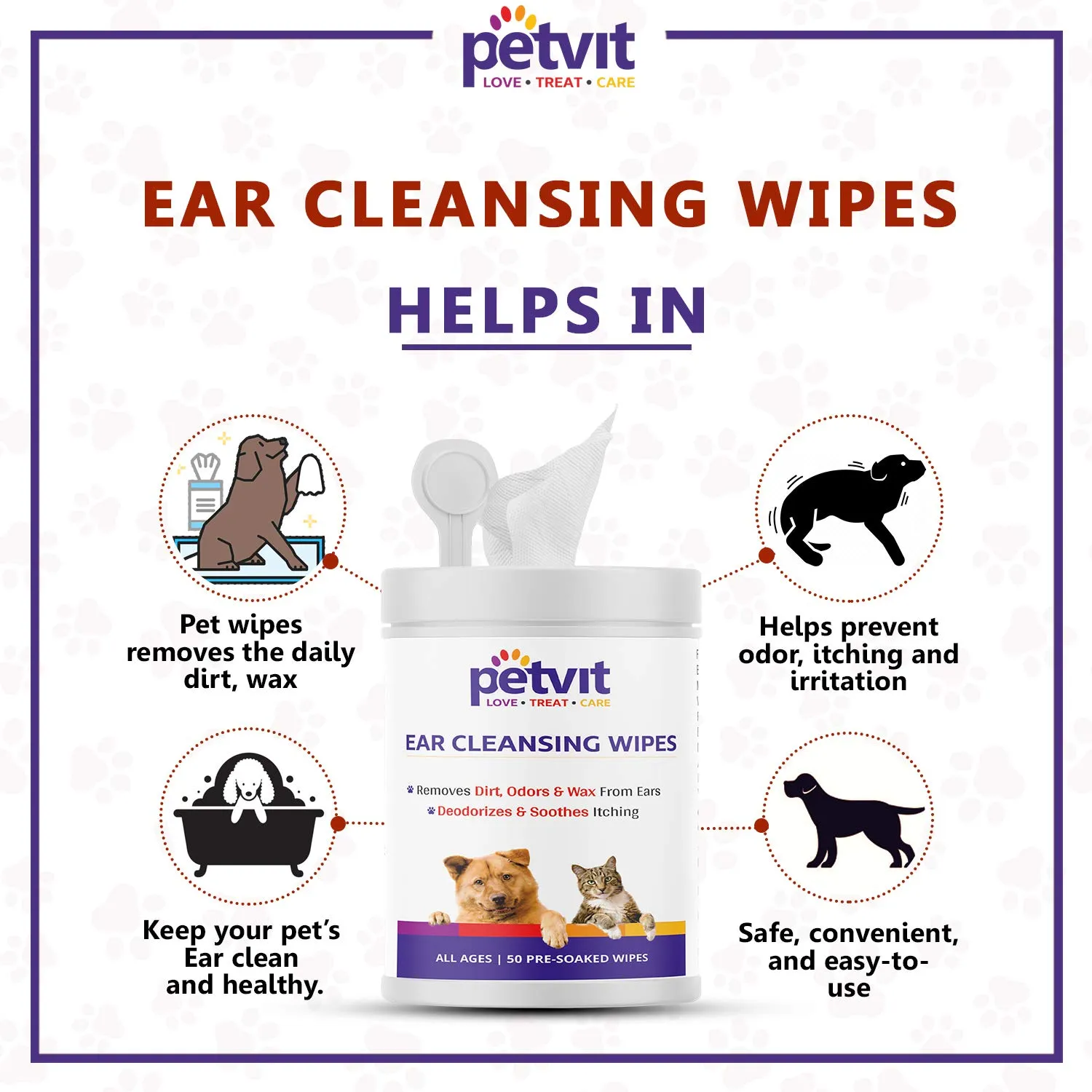 Petvit Dog Wipes for cleaning Ear | Wet Wipes for Dog - Cleans Ears & Face | Dog Wet Wipes for grooming | Pack of 1 | 50 Count